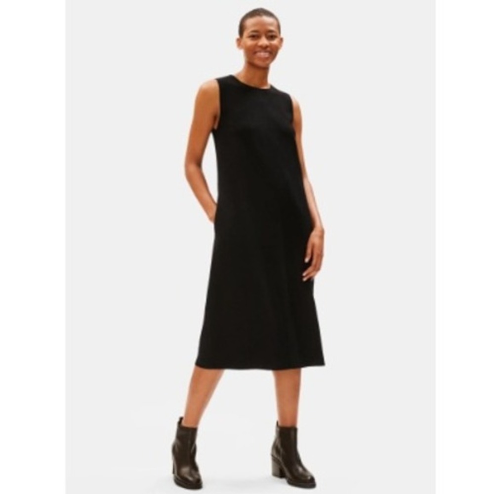 NWT EILEEN FISHER Boiled Wool Jersey Lantern Midi Dress‎ In Black
